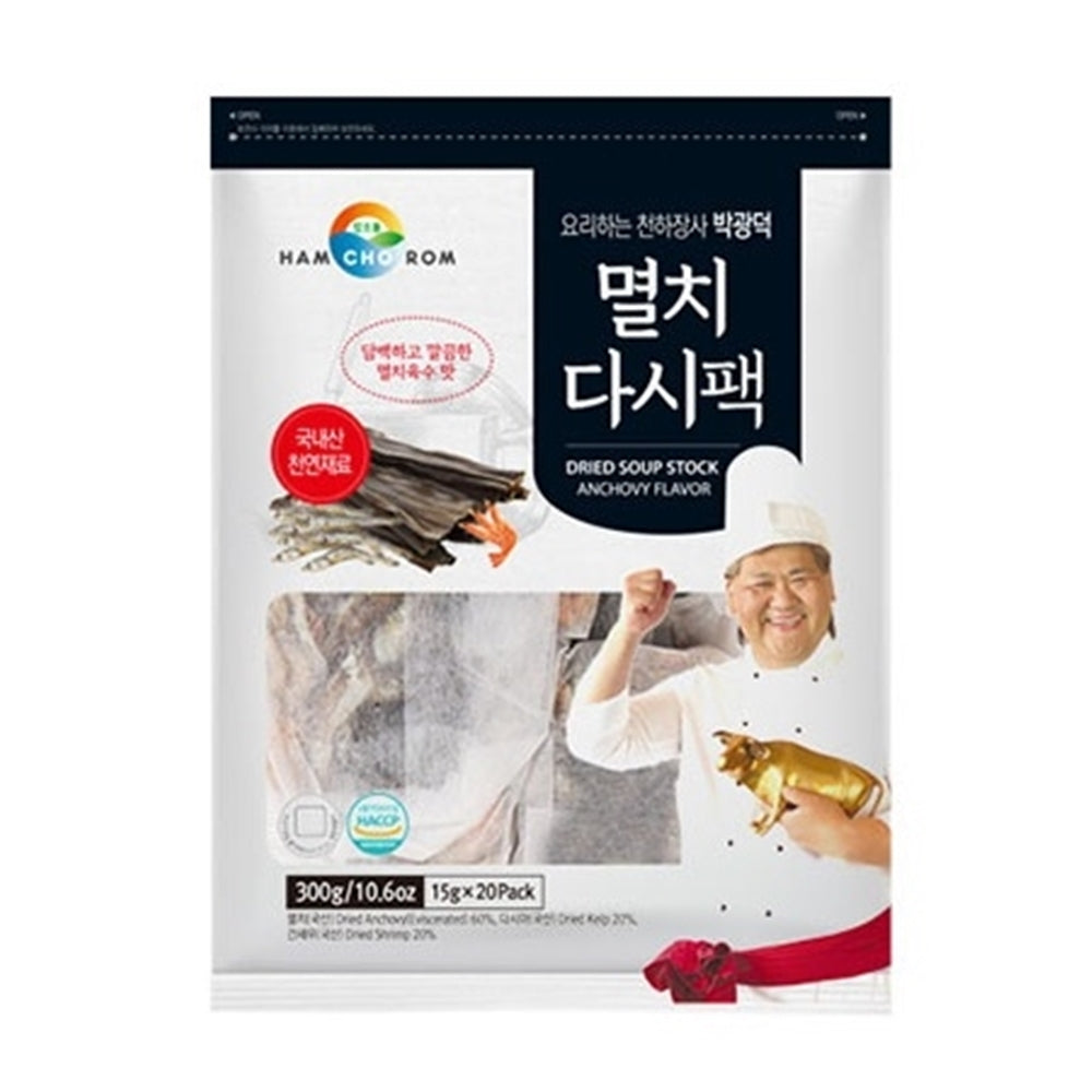Hamchorom Dried Soup Stock Anchovy Flavor 20 Ct, 함초롬 박광덕 멸치 다시팩 15g x 20